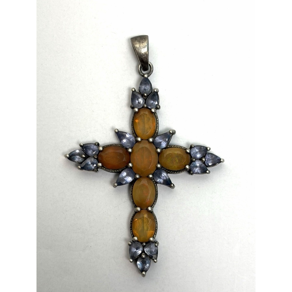 VTG Ethiopian Fire Opal 925 Sterling Silver Religious Christian Cross Pendant